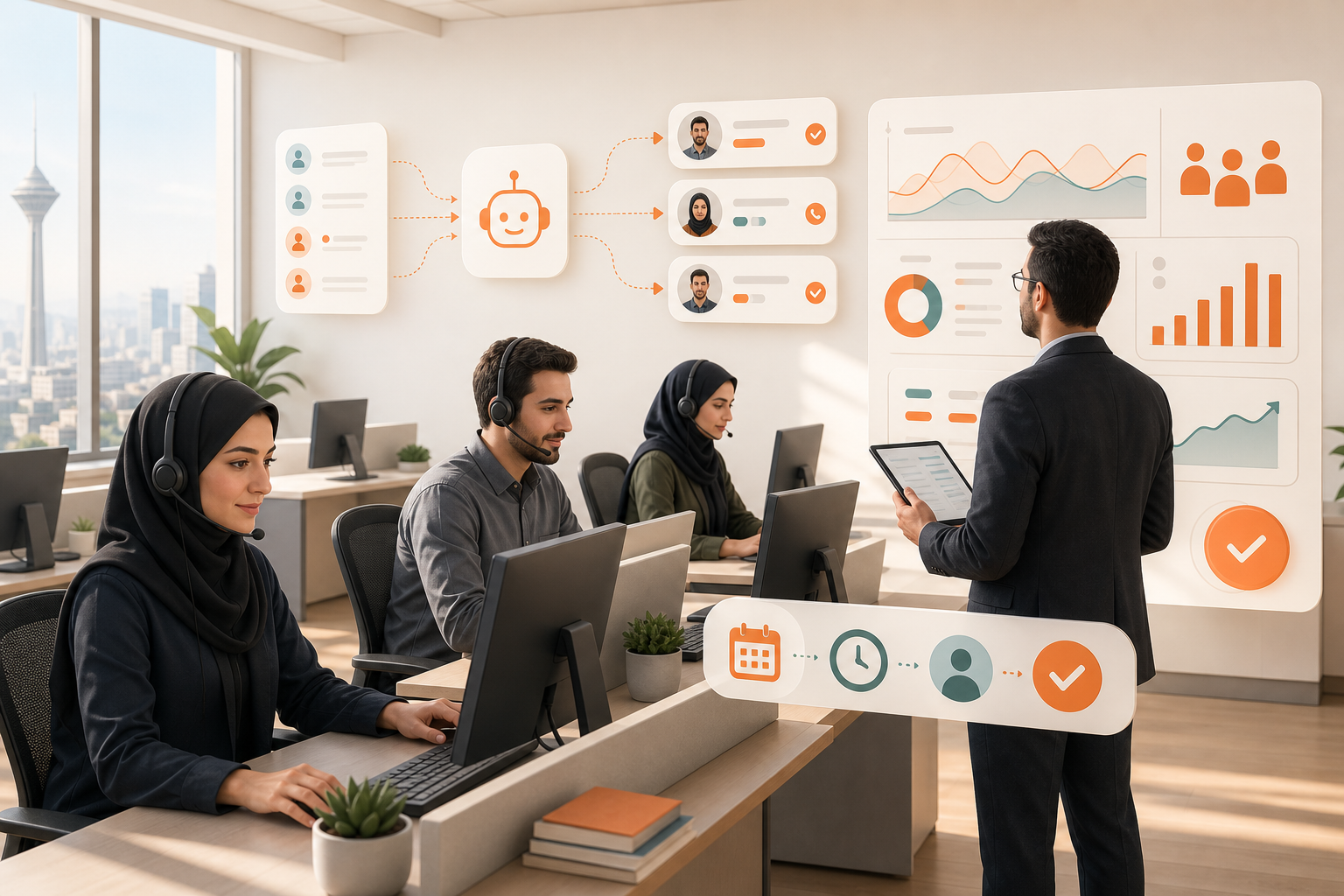 تیم فروش تلفنی در حال مدیریت تماسها، توزیع لید و بررسی داشبورد عملکرد مرکز تماس