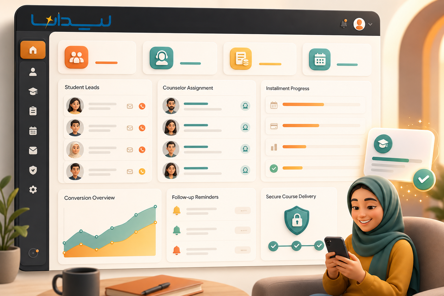 داشبورد CRM فروش دوره برای مدیریت لید هنرجو، مشاور فروش، اقساط و تحویل امن دوره