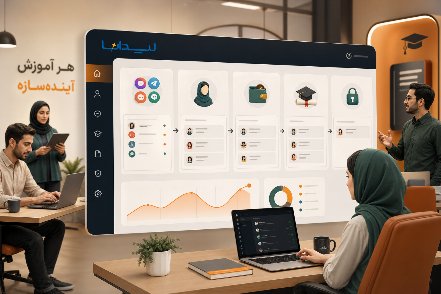 تیم آموزش آنلاین در حال مدیریت جذب هنرجو، پیگیری فروش و ثبتنام دوره در CRM لیدانا