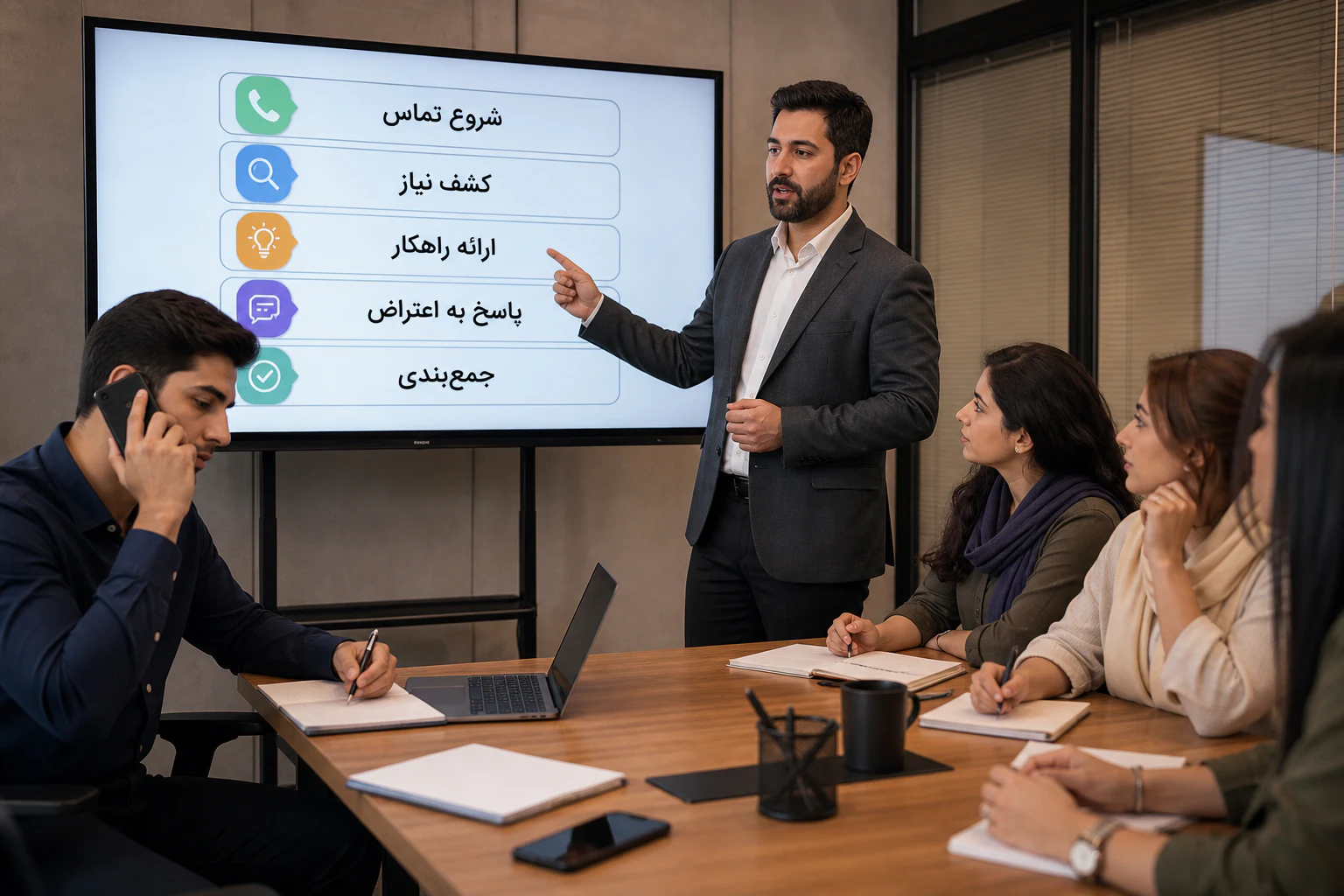 تیم فروش ایرانی در حال استفاده از اسکریپت تماس فروش لیدانا