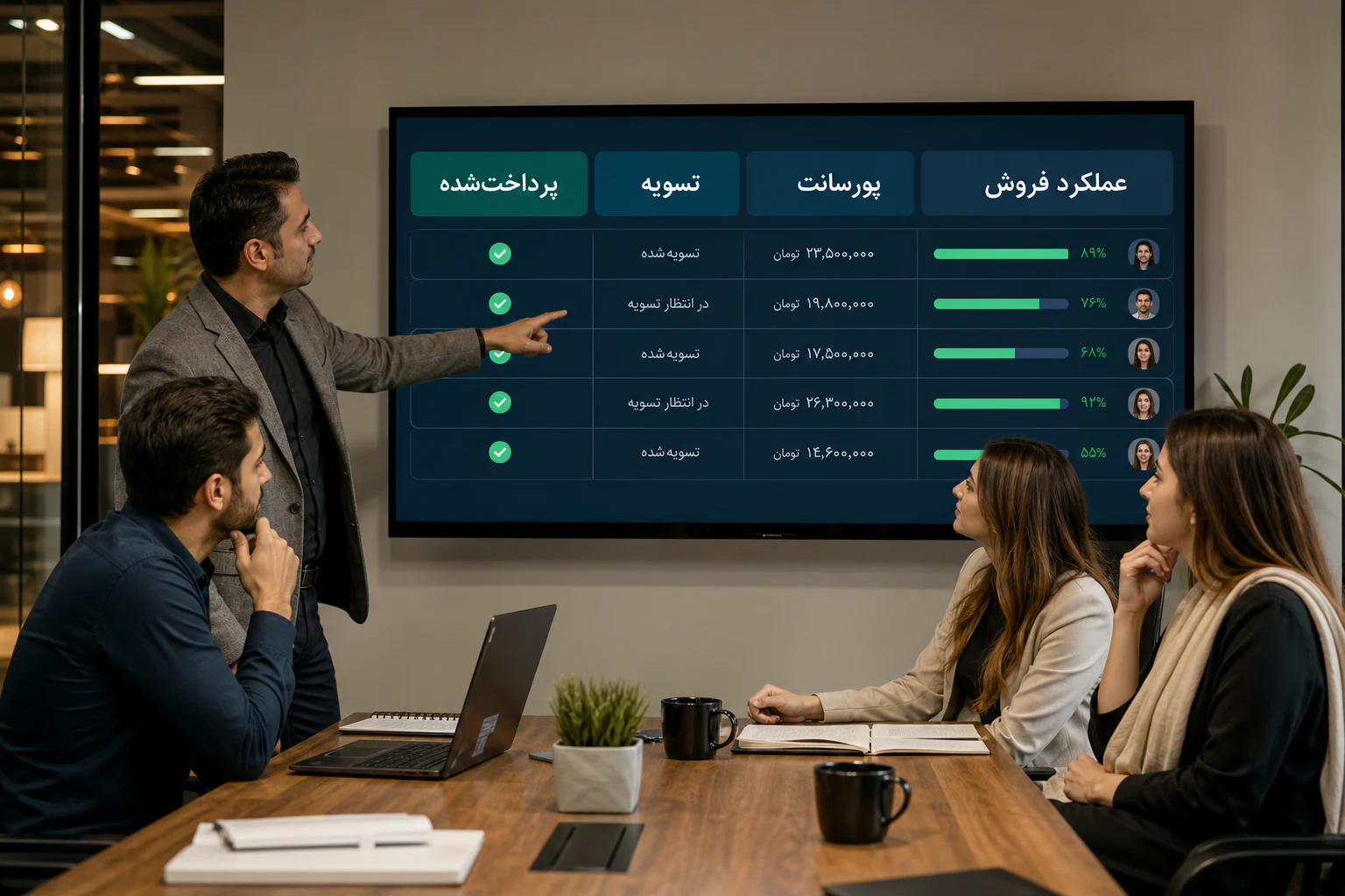 تیم فروش در حال بررسی محاسبه پورسانت پلکانی و عملکرد کارشناسان در داشبورد لیدانا