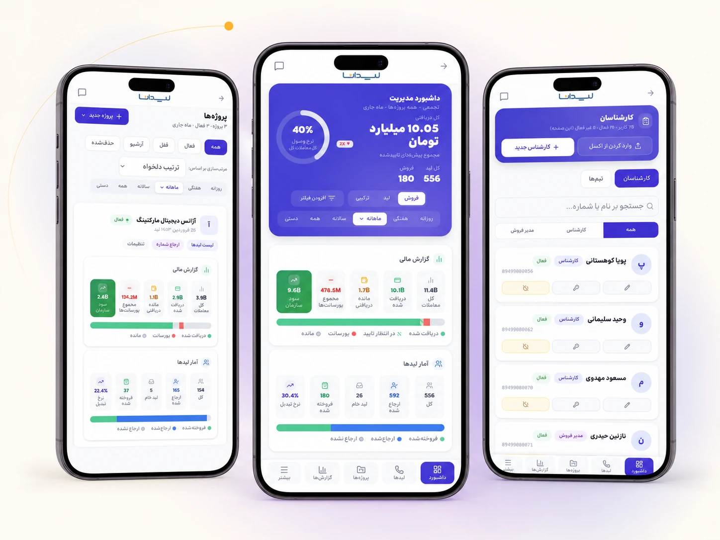 نسخهی مدیر لیدانا روی موبایل با داشبورد فروش و آمار تیم